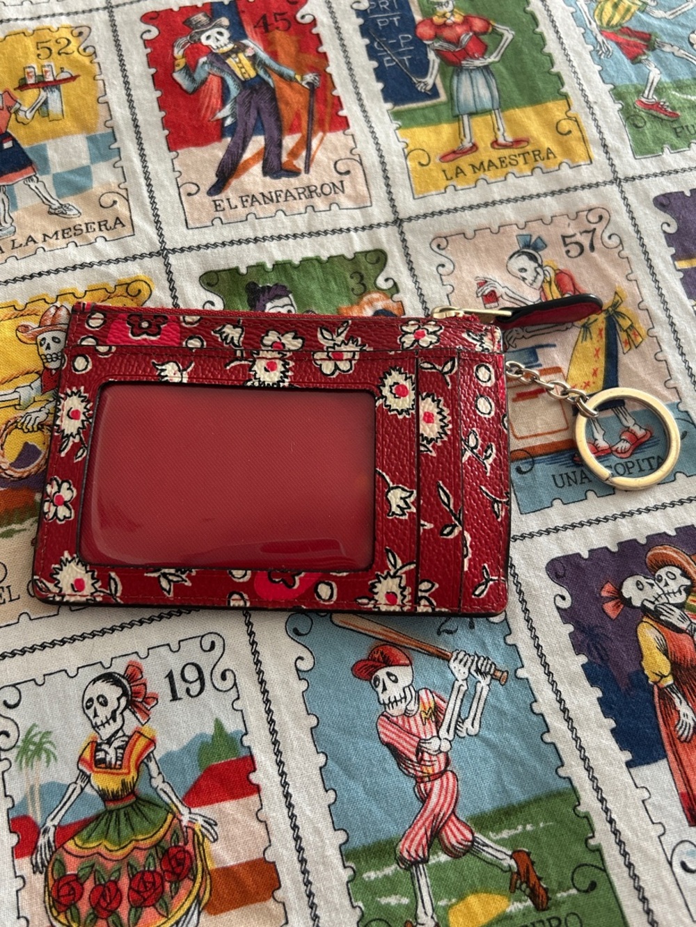 Coach Red Floral Leather Card Case with Key Ring